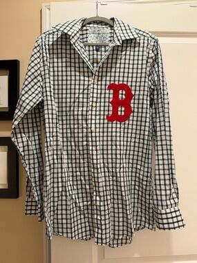 Men's Green Check Button-Down Shirt with Red Sox Patch
